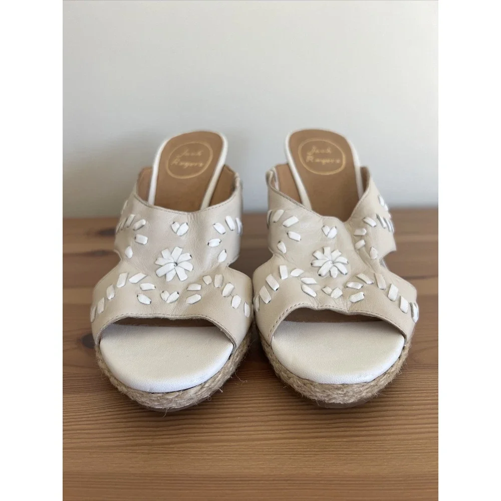 Jack Rogers Leather Slide Wedge Heel Sandals Shoes Women's 7.5 Tan White Cute